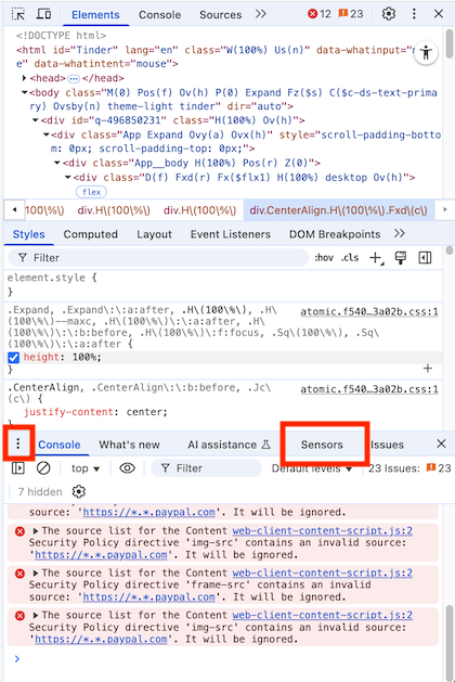 Вкладка Sensors в инструментах разработчика Chrome