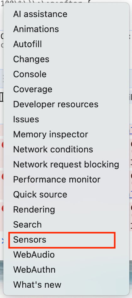 Панель Sensors в инструментах разработчика Chrome